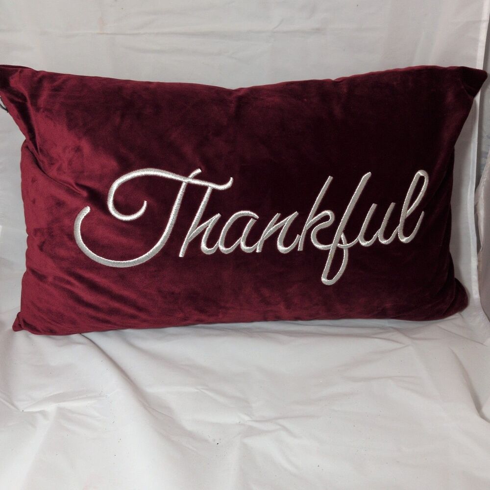 Burgundy Velvet "Thankful" Throw Pillow Zippered Case 12x24"